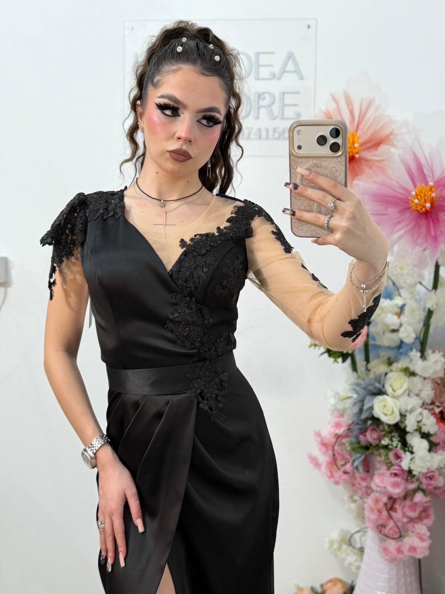 Rochie lunga din tafta negru intens Anasofia
