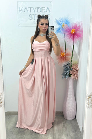 Rochie cu cristale ștanțate și corset Monica roz pudră
