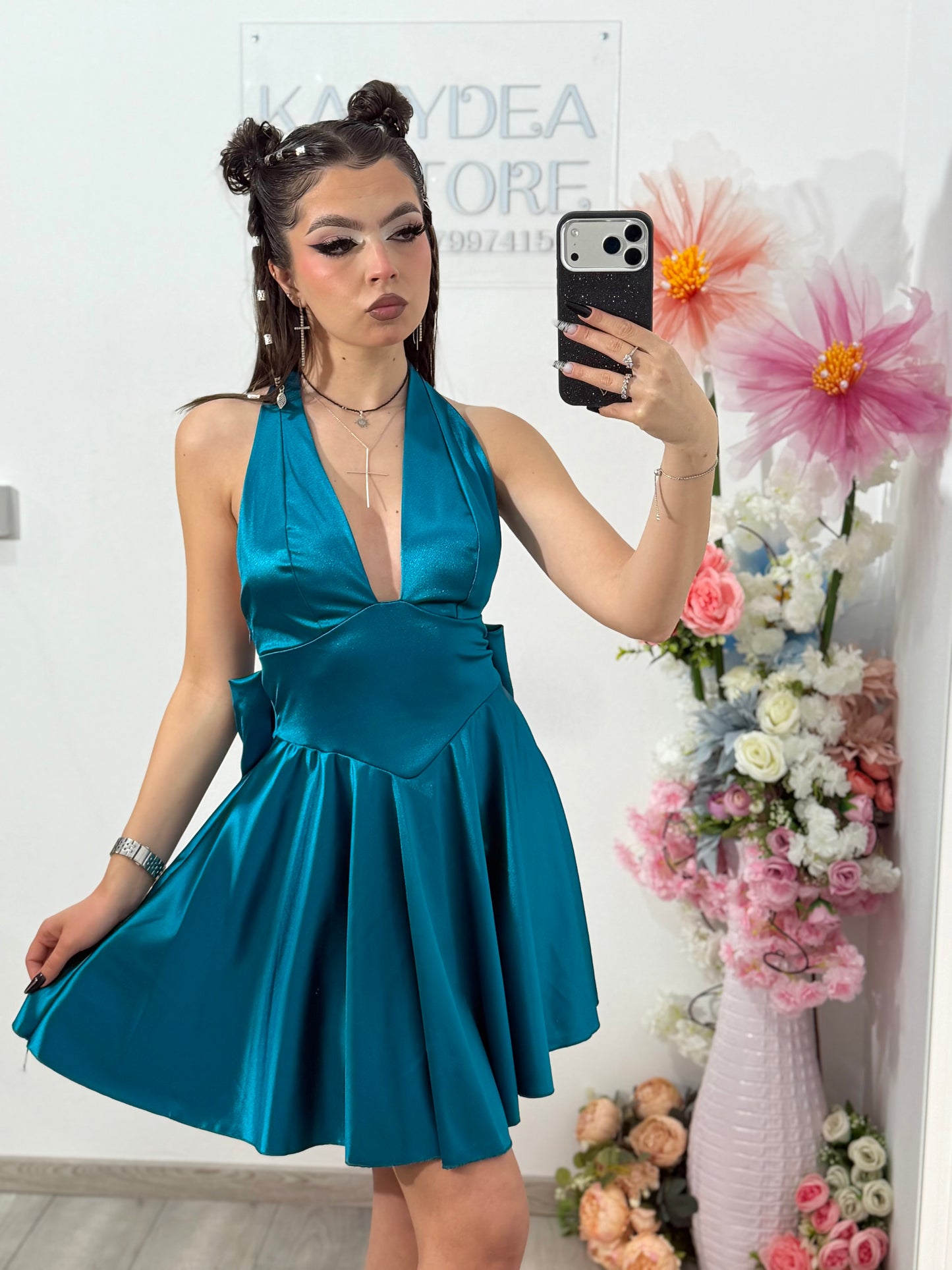 Rochie satinata cu funda BELLE turcoaz