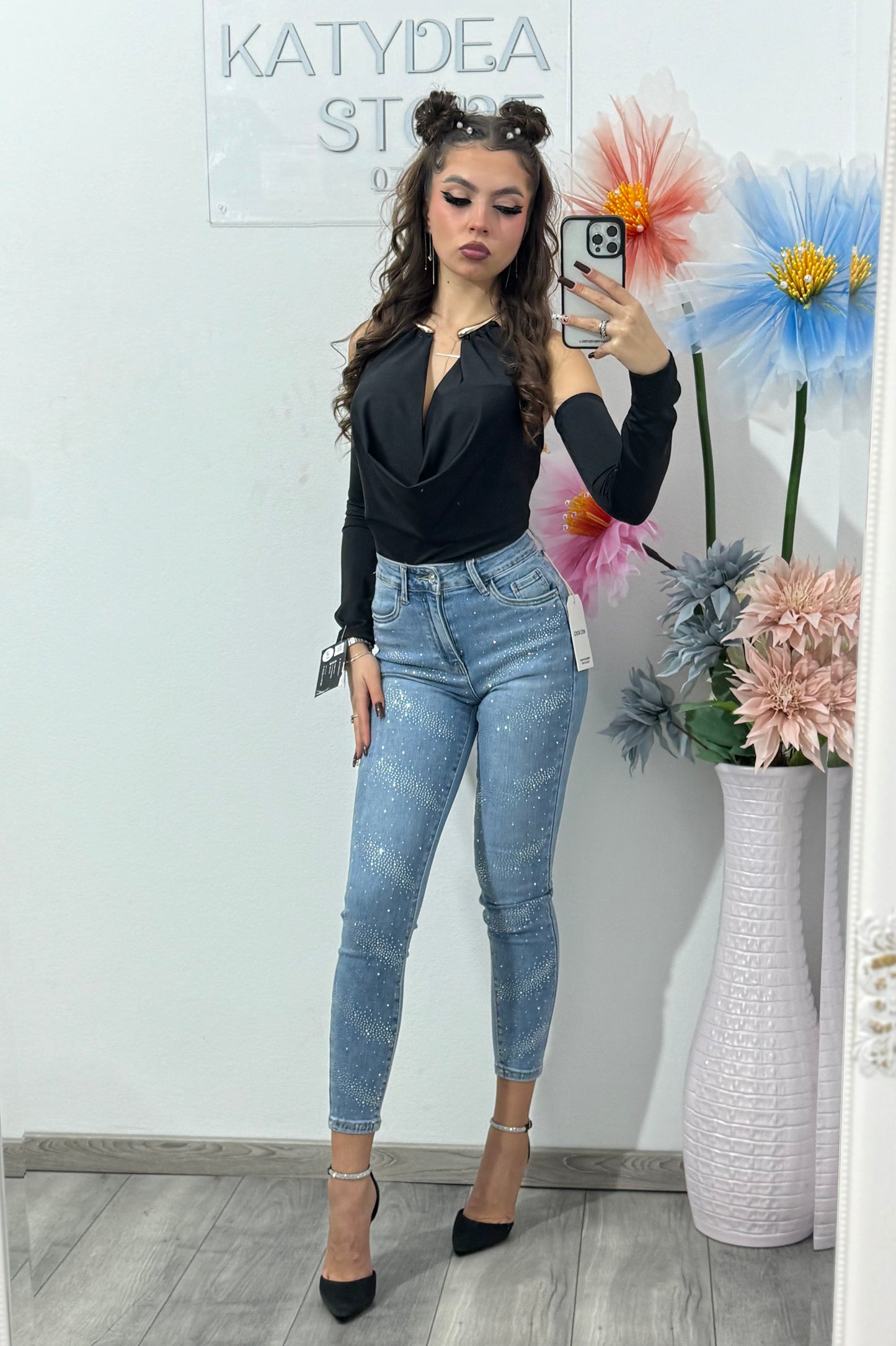 Jeans skinny cu cristale ștanțate albaștri Elsa