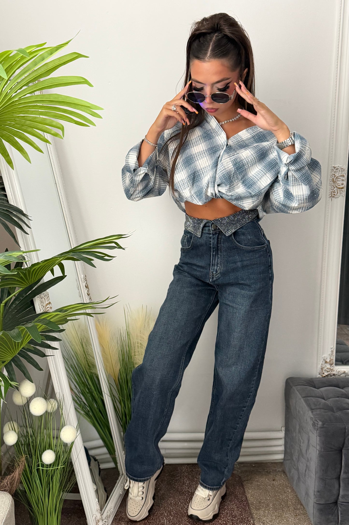 Jeans BalloonFit cu cristale ștanțate FRANCESCA