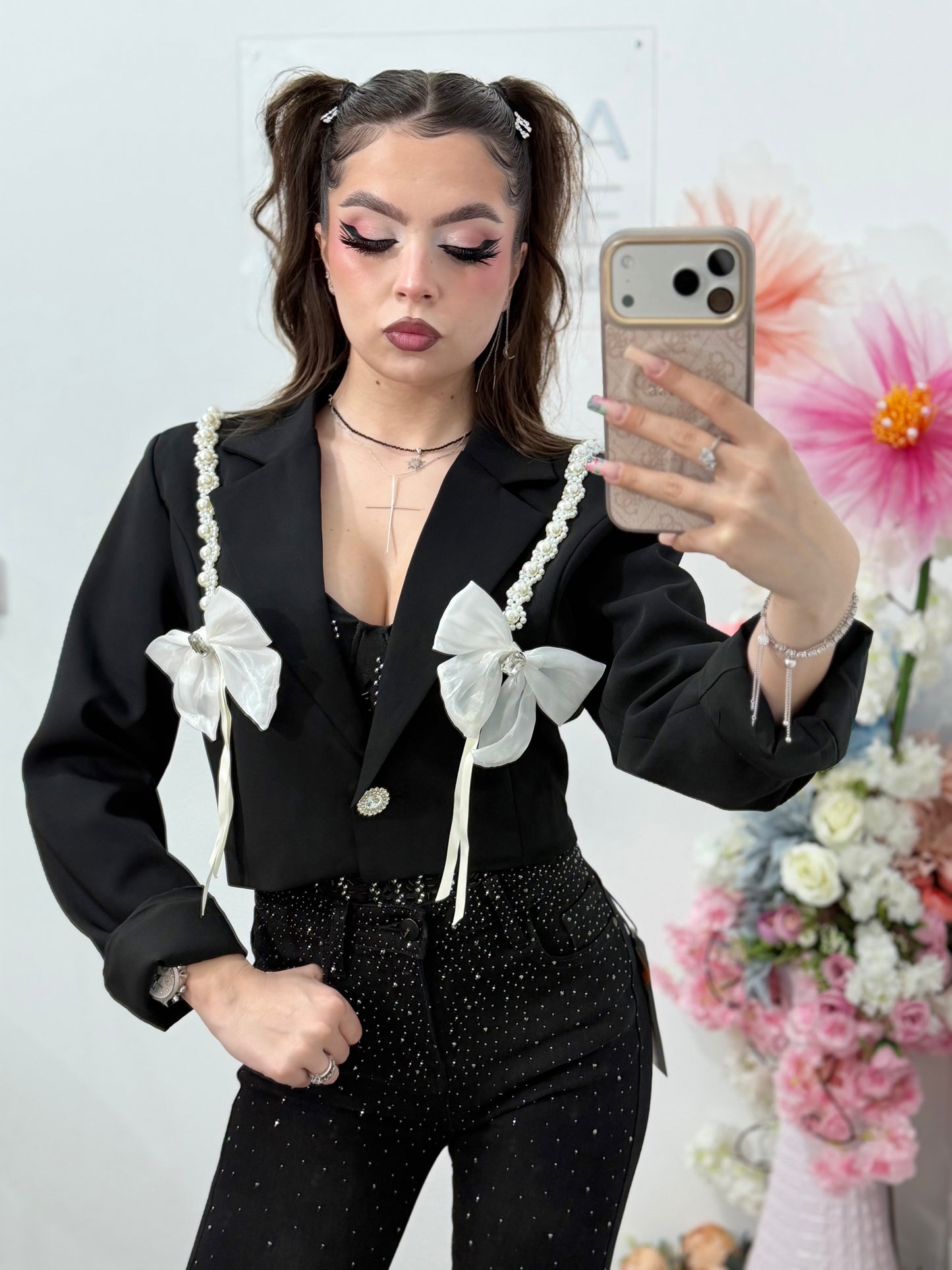 Sacou cropped cu fundițe si perle ANA