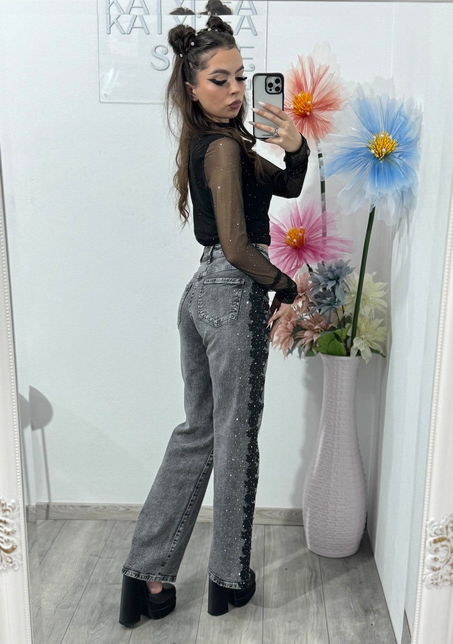 Jeans WideLeg cu dantelă și cristale LUXE