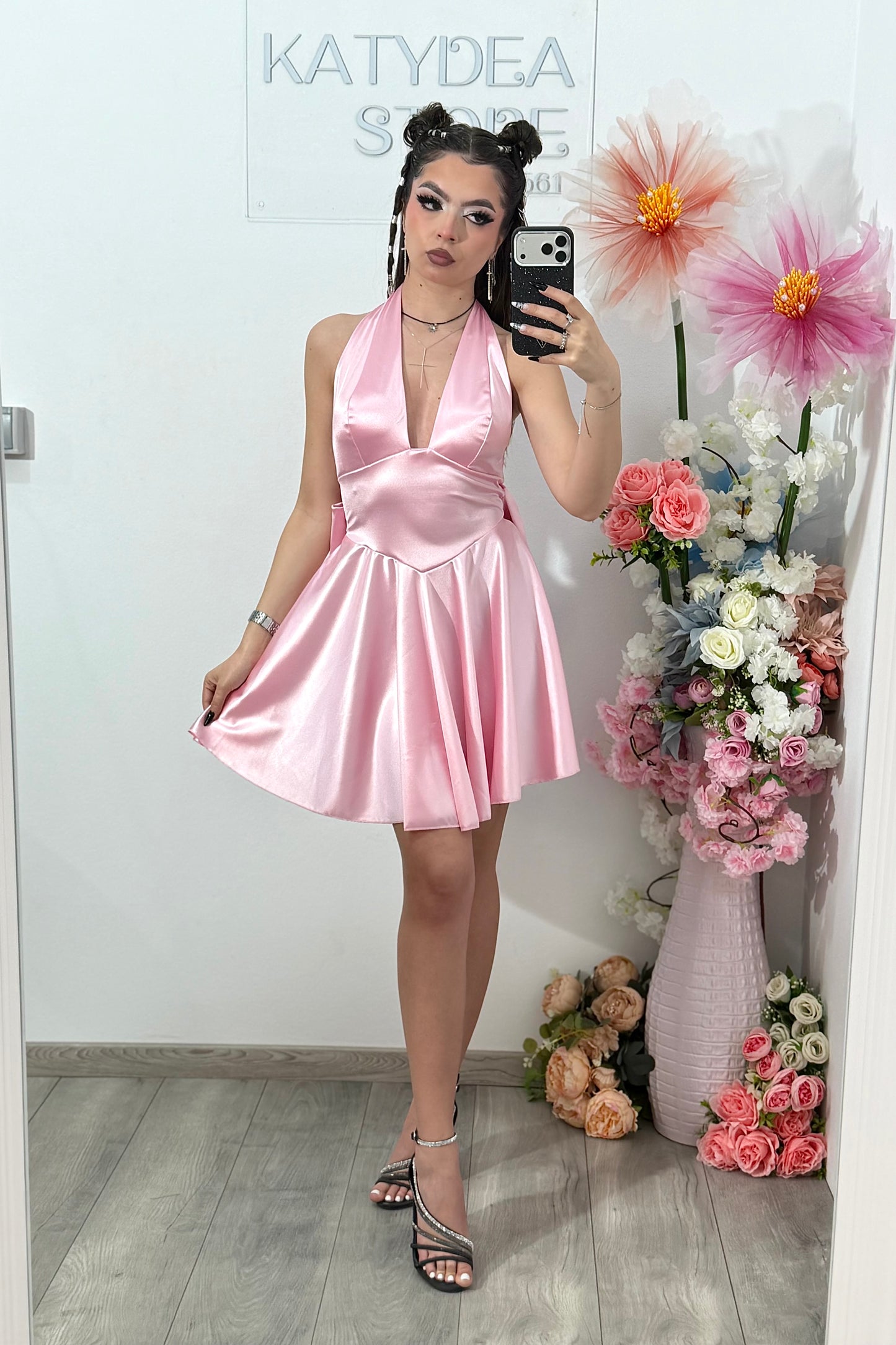 Rochie satinata cu funda BELLE roz pudra