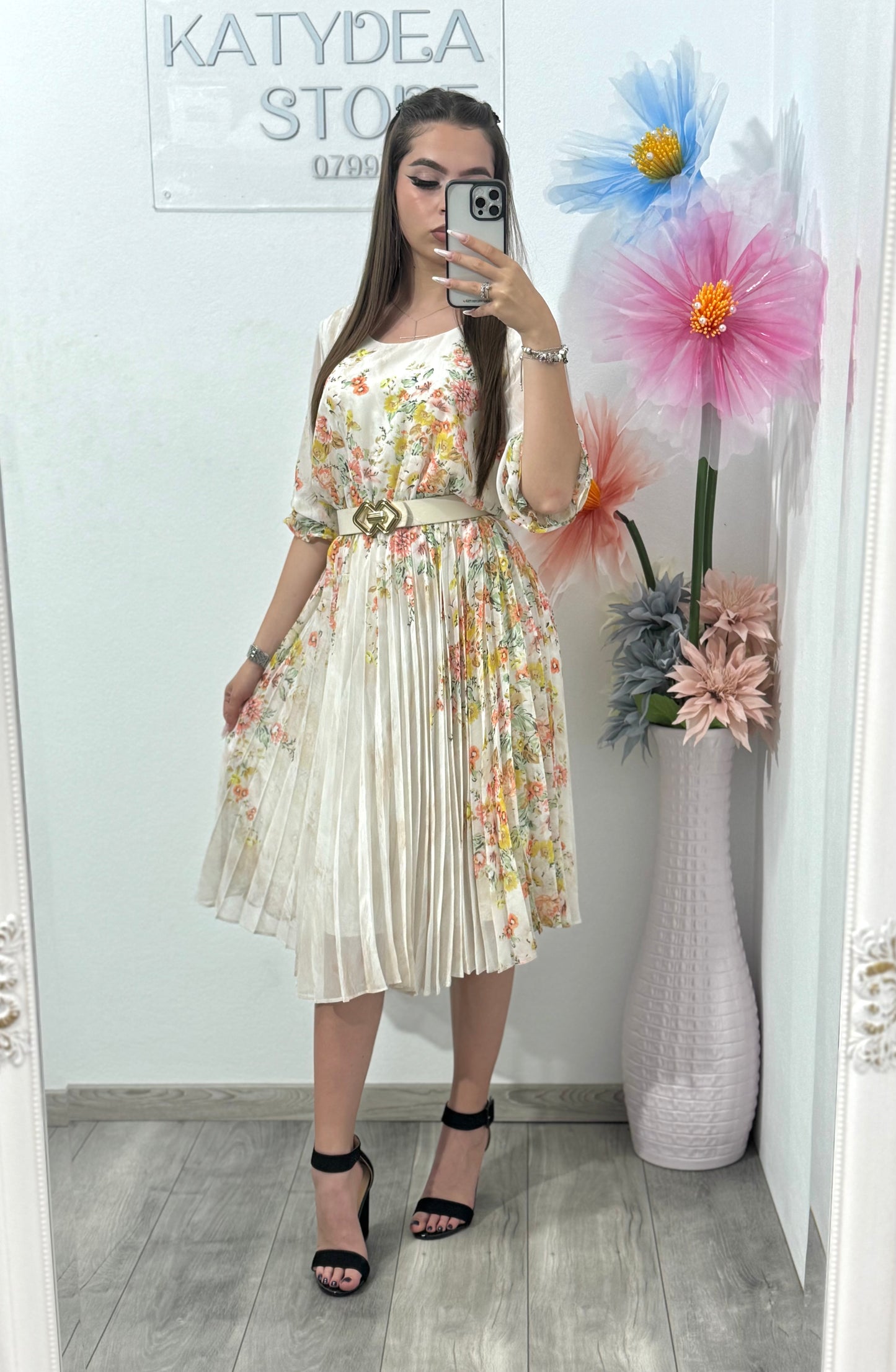 Rochie din voal cu imprimeu plisată Corina
