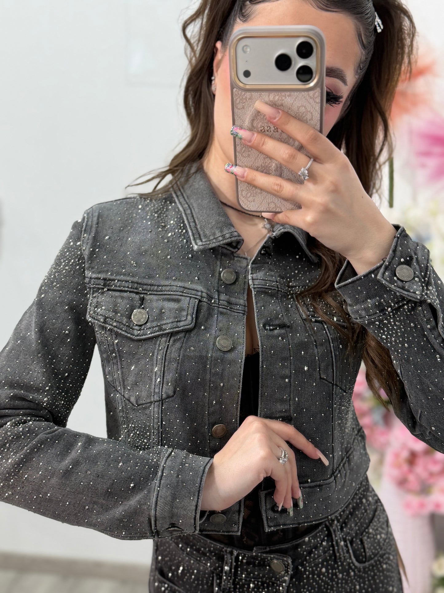 Geacă din denim gri prespălat cu cristale ELIZA