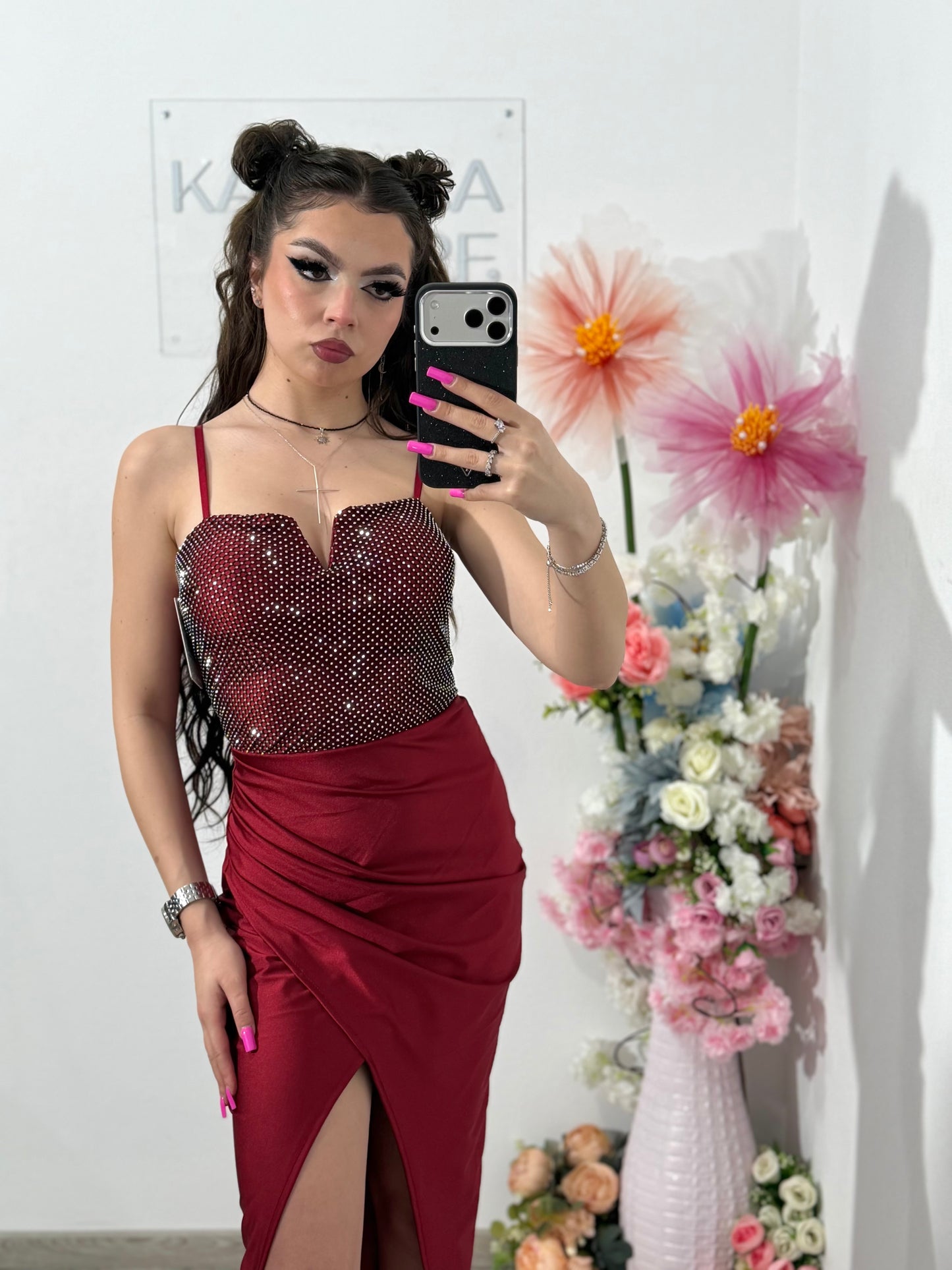 Rochie midi cu cristale grena DELIA
