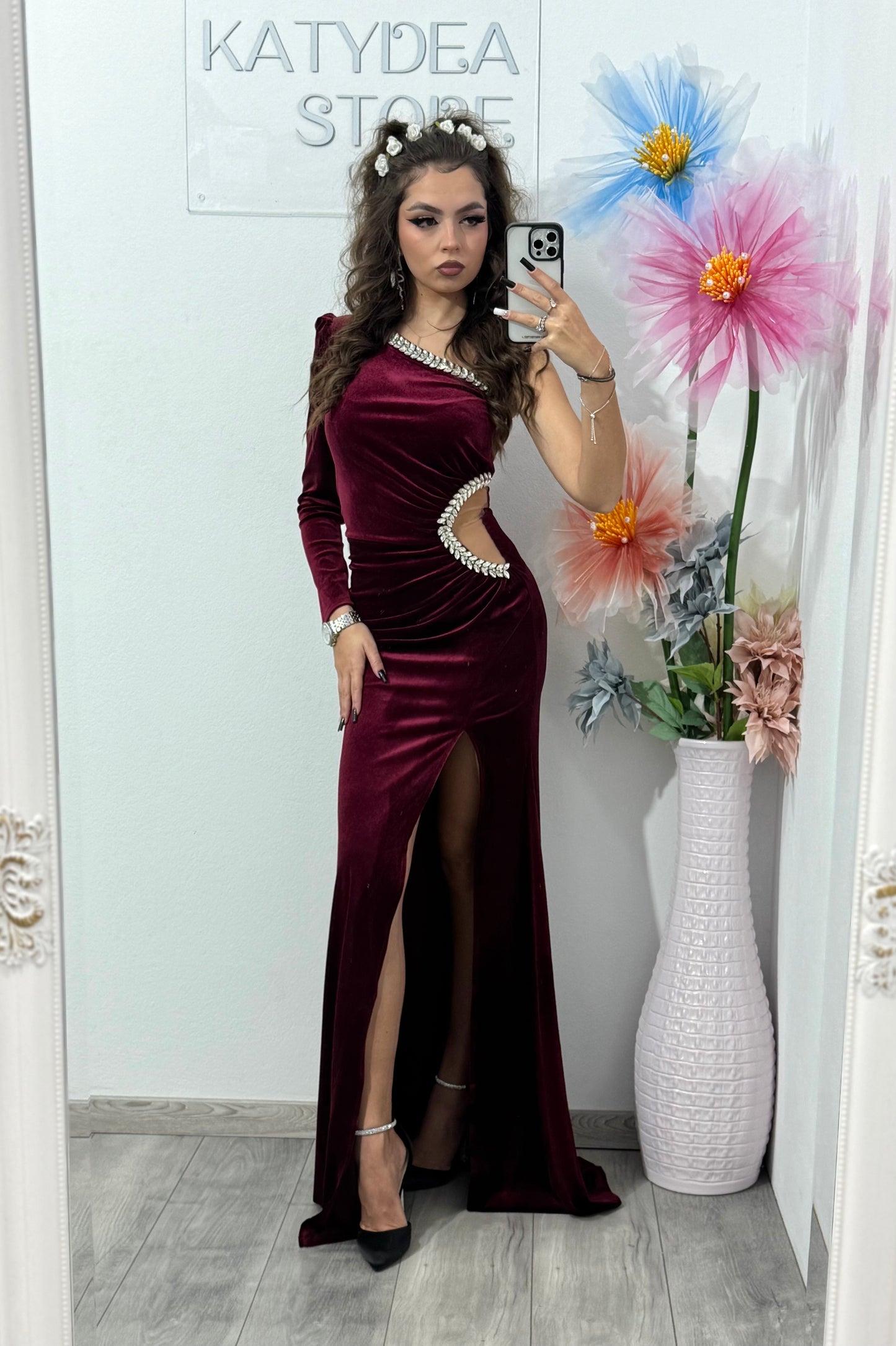 Rochie lunga din catifea burgundy Hellena