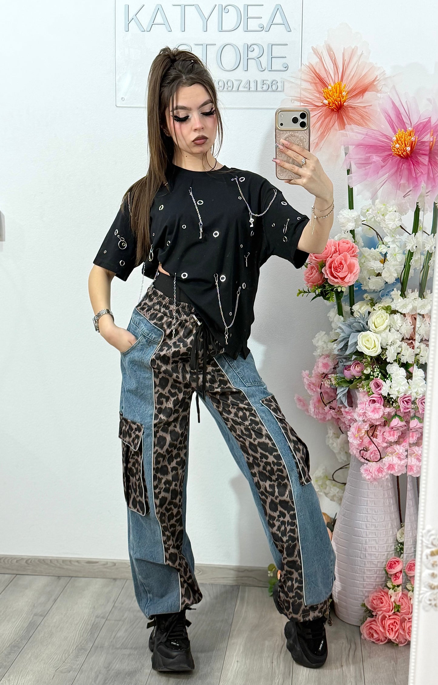 Pantaloni din denim cu imprimeu leopard OANA