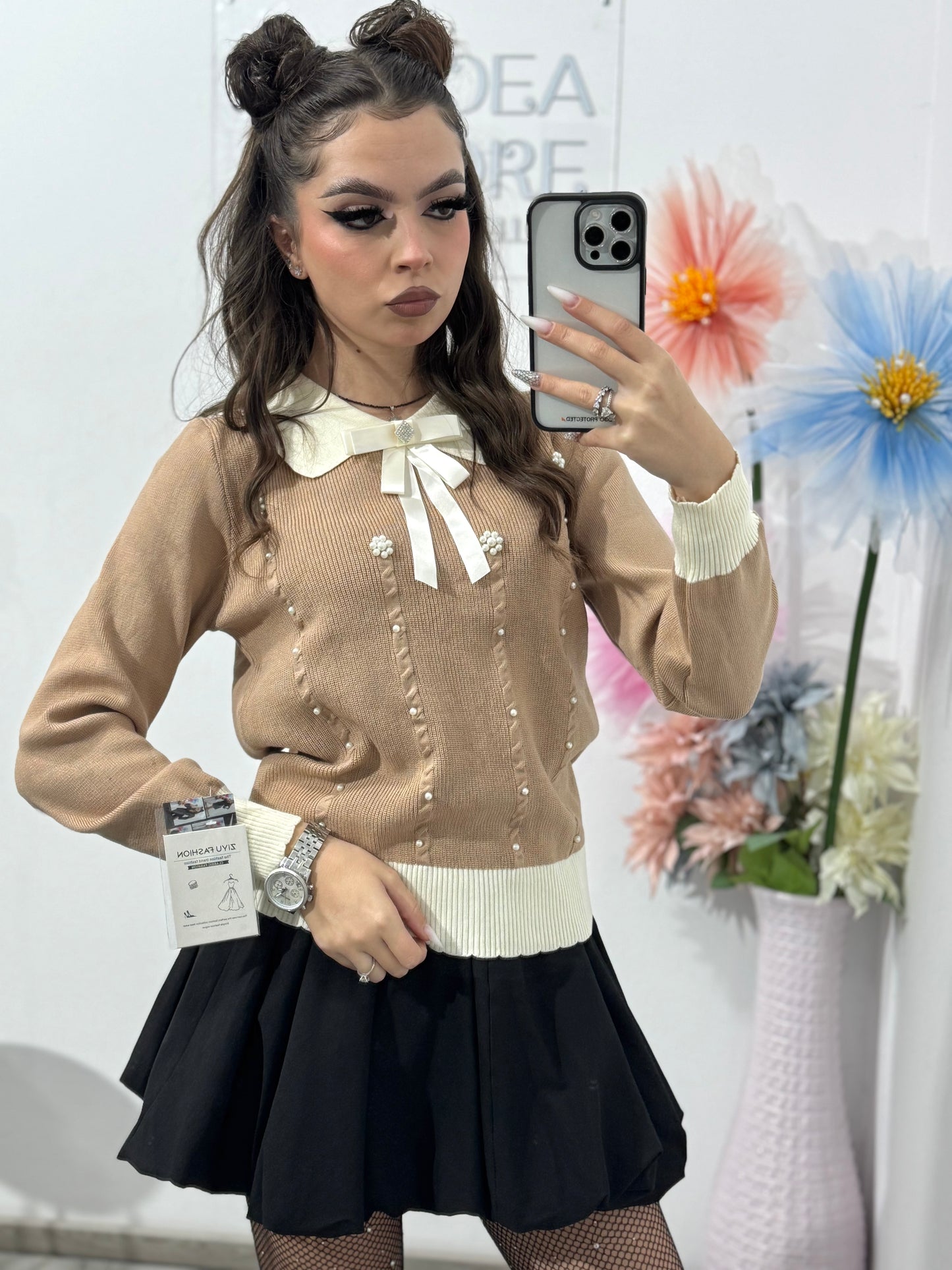 Bluză cu fundiță și perle ELEGANCE