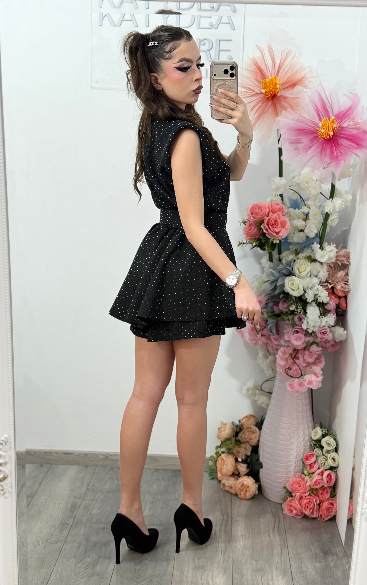 Salopetă elegantă cu cristale neagra Elissa