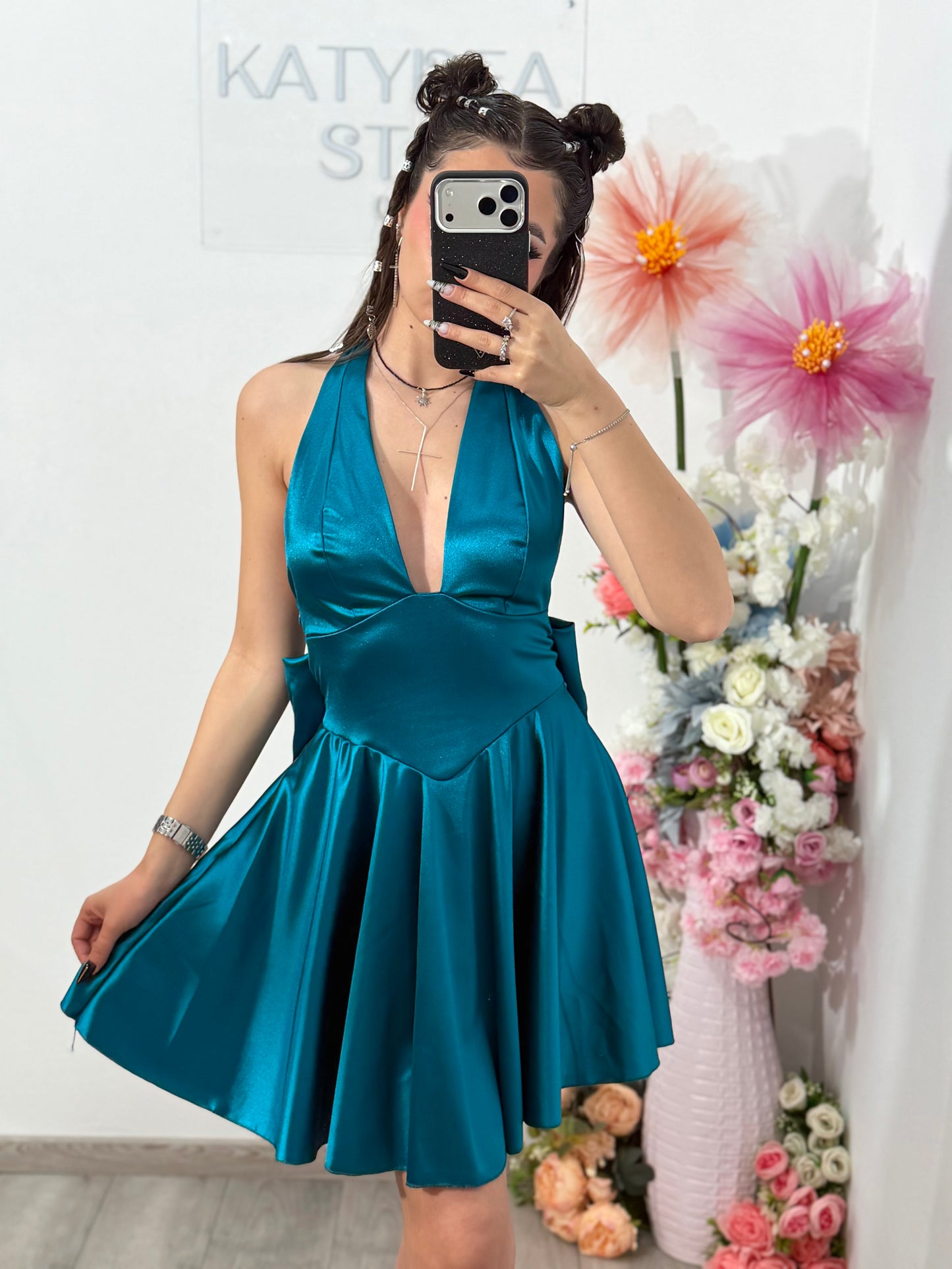 Rochie satinata cu funda BELLE turcoaz