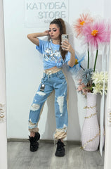 Pantaloni jeans cu design patchwork & efect ripped ALICE