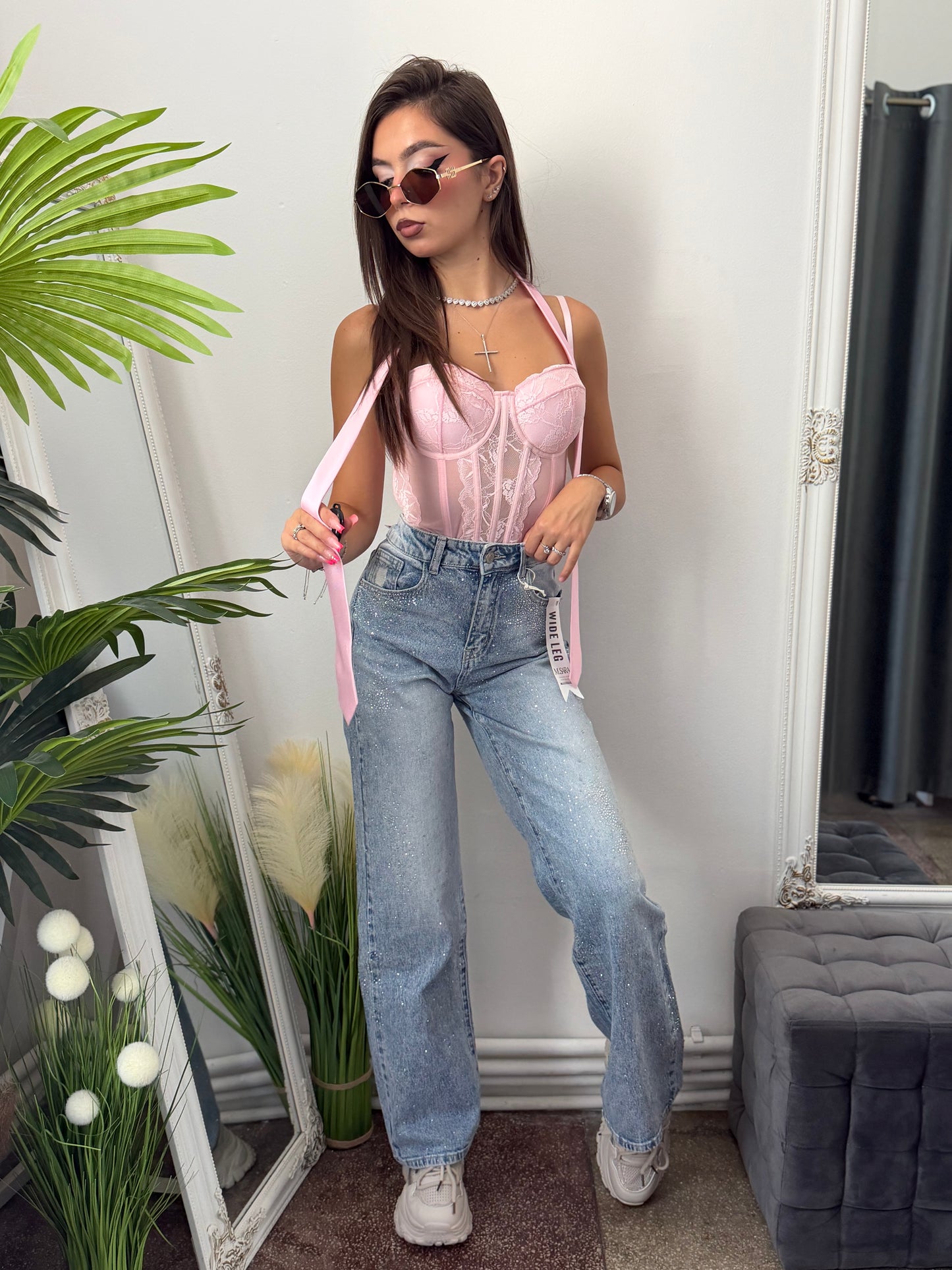 Jeans WideLeg blue cu cristale ștanțate CAMY