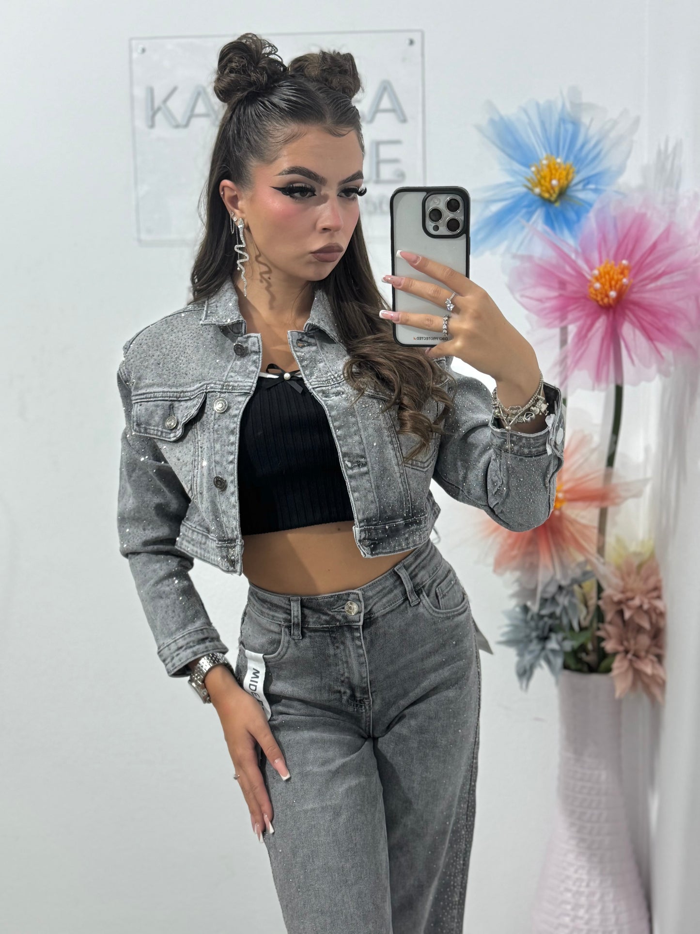 Jeans WideLeg gri cu cristale Olivia