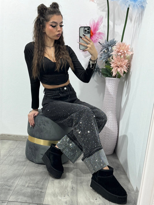 Jeans WideLeg cu cristale ștanțate negri Paulina