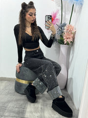 Jeans WideLeg cu cristale ștanțate negri Paulina