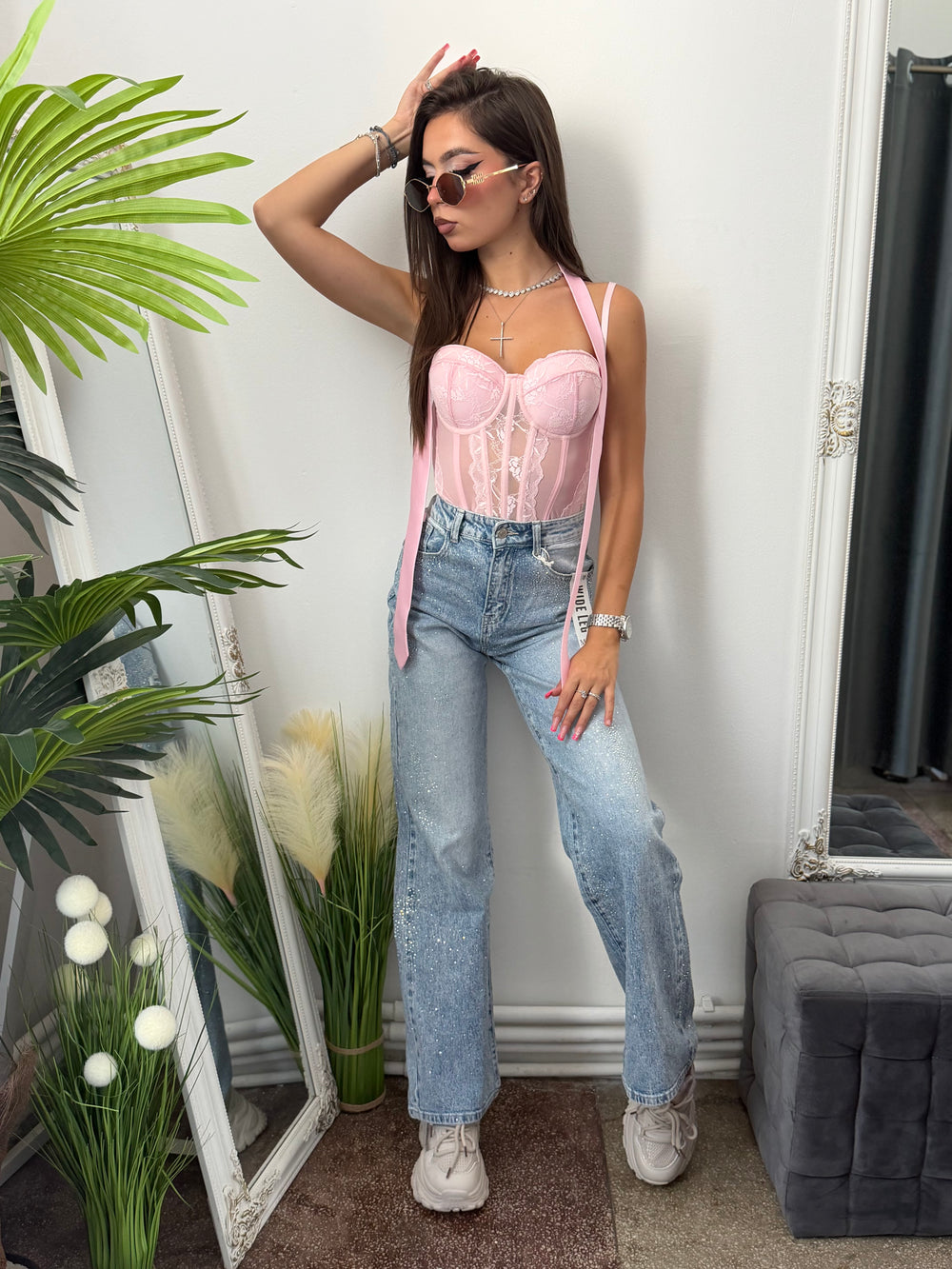 Jeans WideLeg blue cu cristale ștanțate CAMY