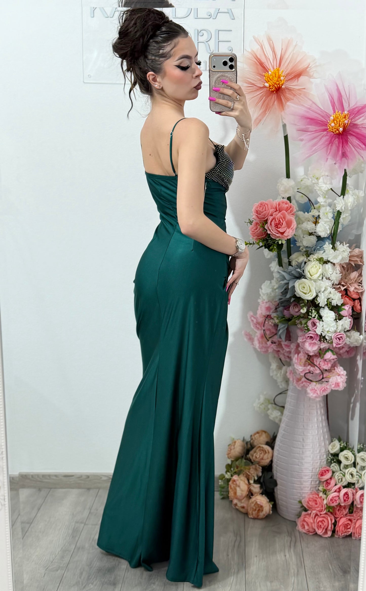 Rochie elegantă cu cristale verde smarald Katherine