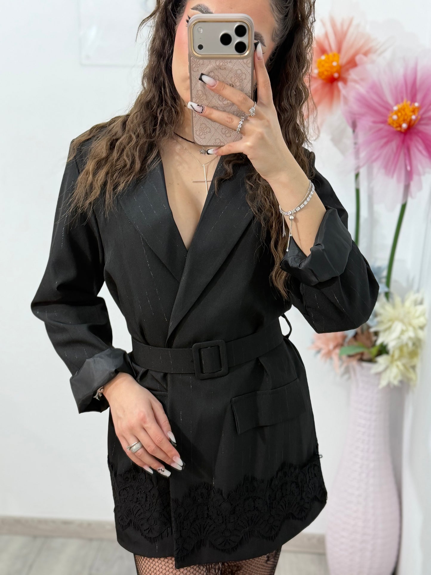 Sacou cu dantelă și curea negru ANDREEA