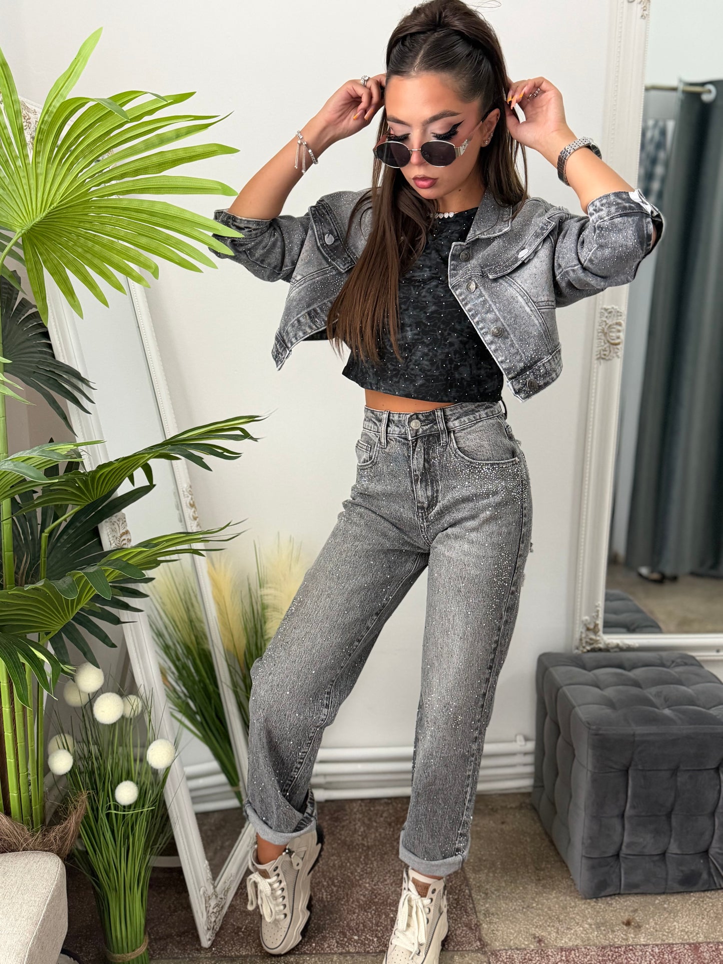 Jeans WideLeg gri cu cristale ștanțate CAMY
