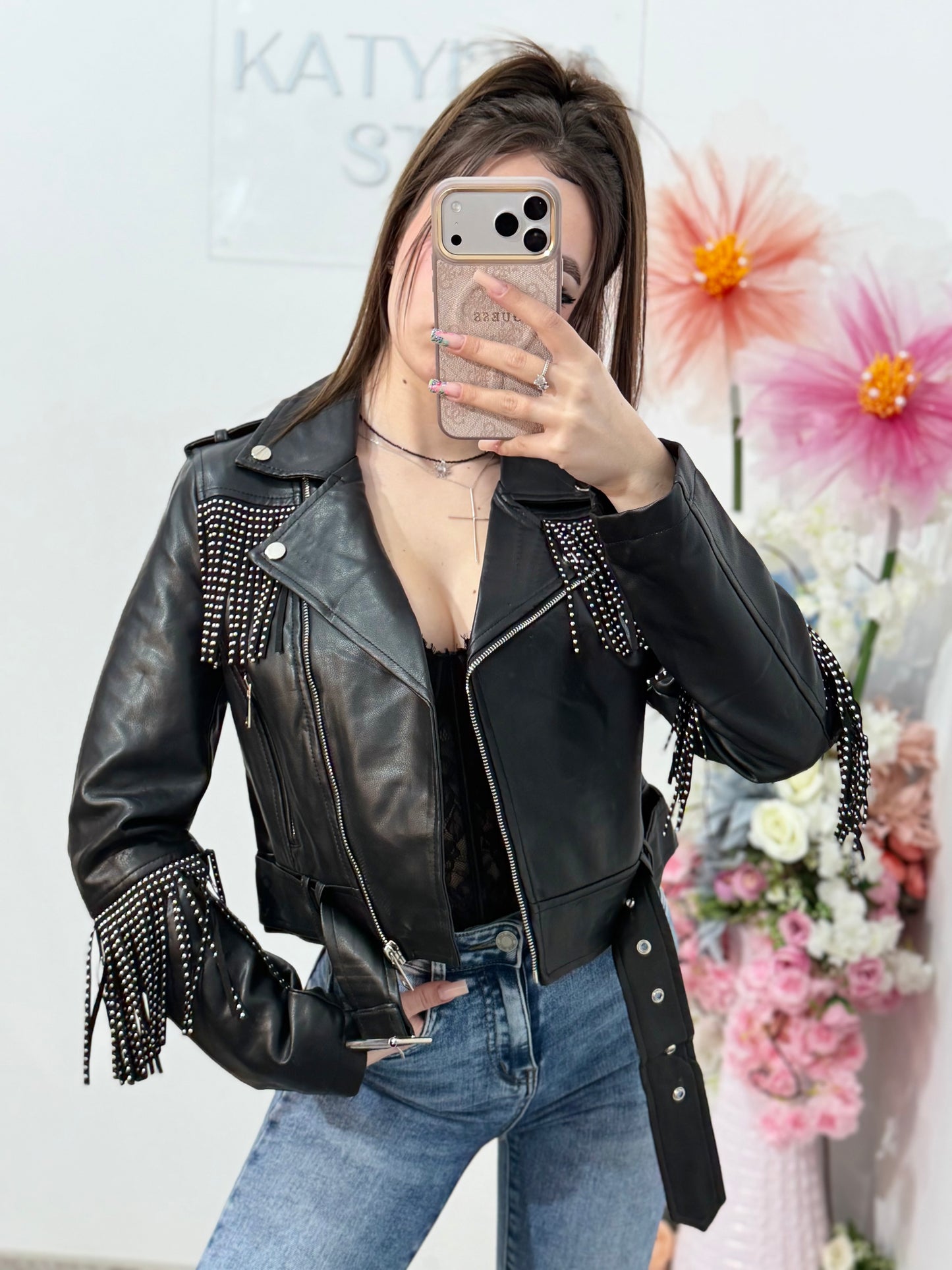 Geacă din imitație de piele cu franjuri neagră MARA