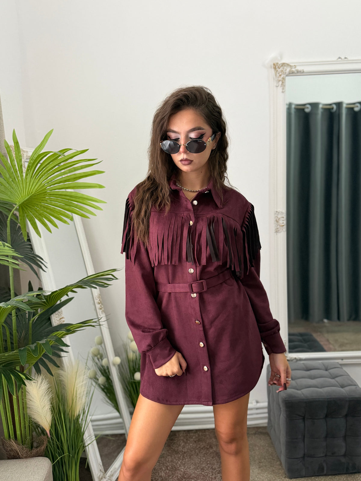 Rochie din piele întoarsă grena