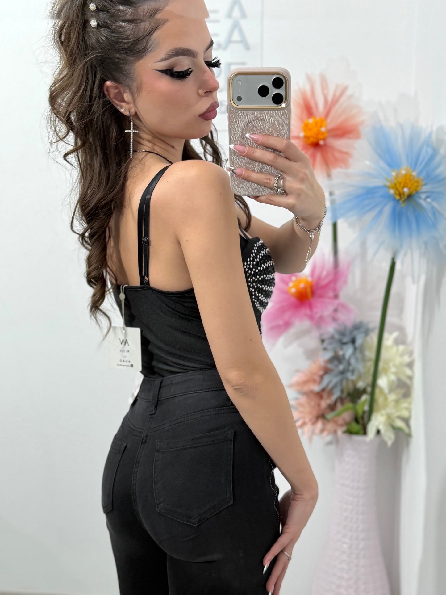 Body negru cu cristale ștanțate LUXE