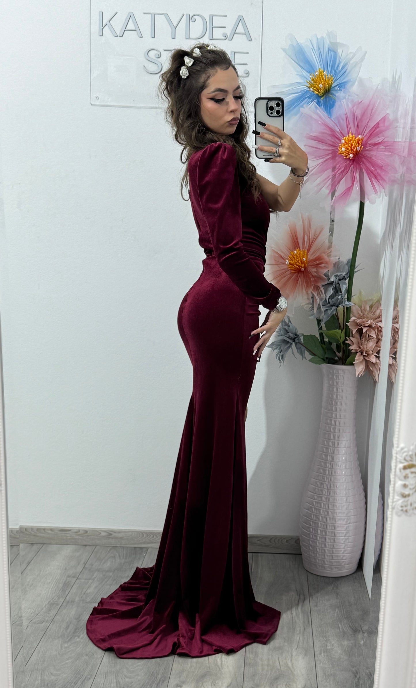 Rochie lunga din catifea burgundy Hellena