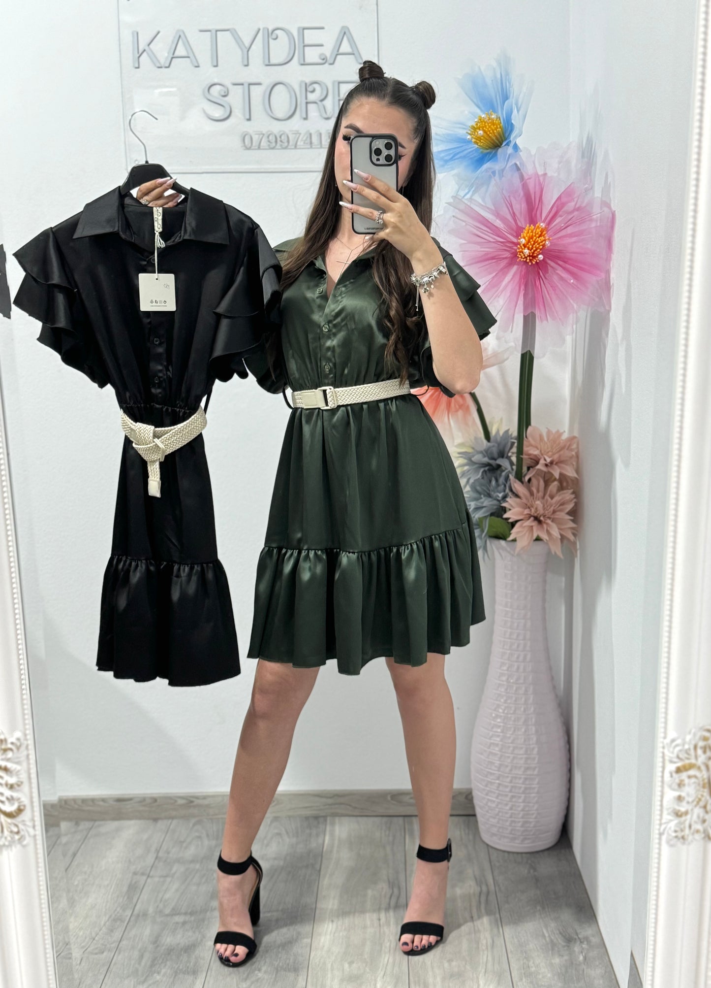 Rochie din satin cu volanase Chloe
