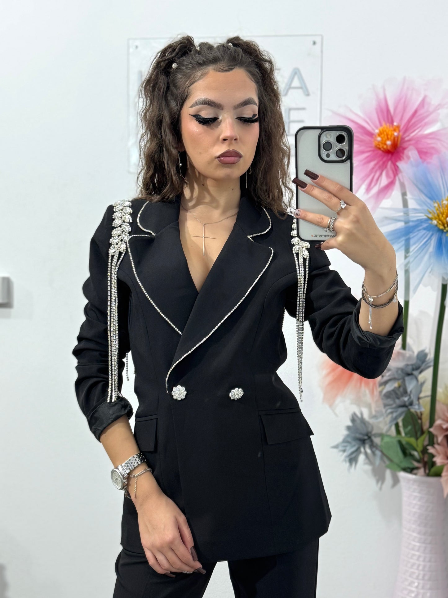 Costum elegant cu epoleți negru ANDREEA