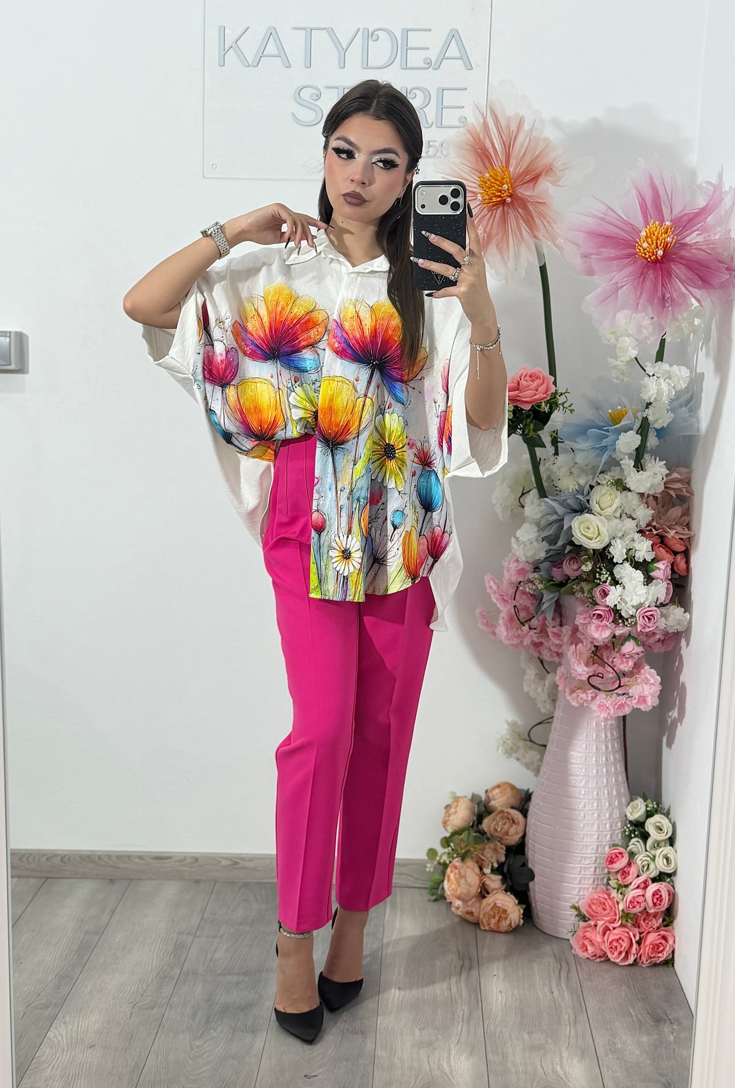 Cămașă din în cu imprimeu fucsia ELIZA