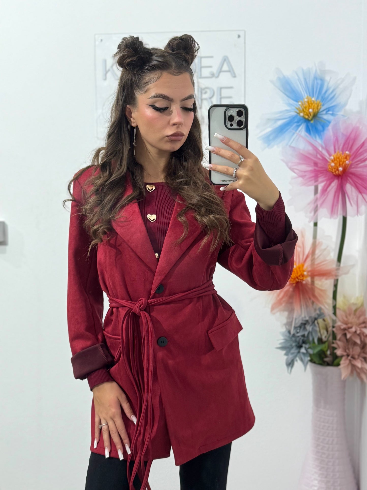 Geacă din piele întoarsă cu corset Delia grena
