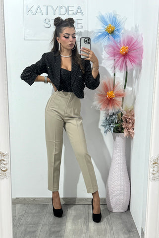 Pantalon crem cu talie inalta Caroline