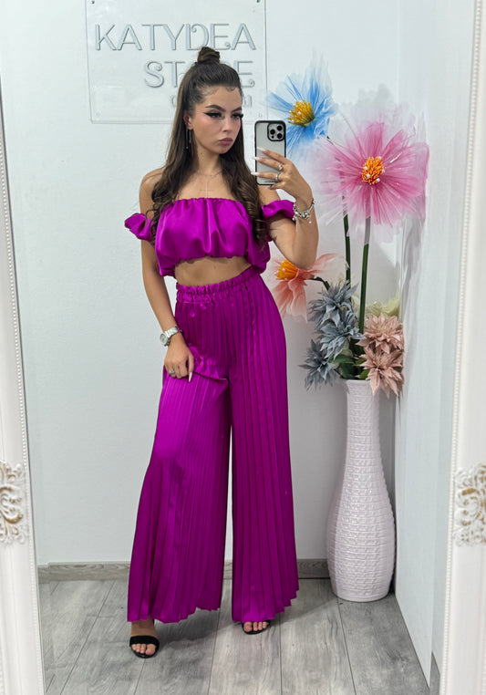 Compleu cu pantaloni plisați satinat Larissa fucsia