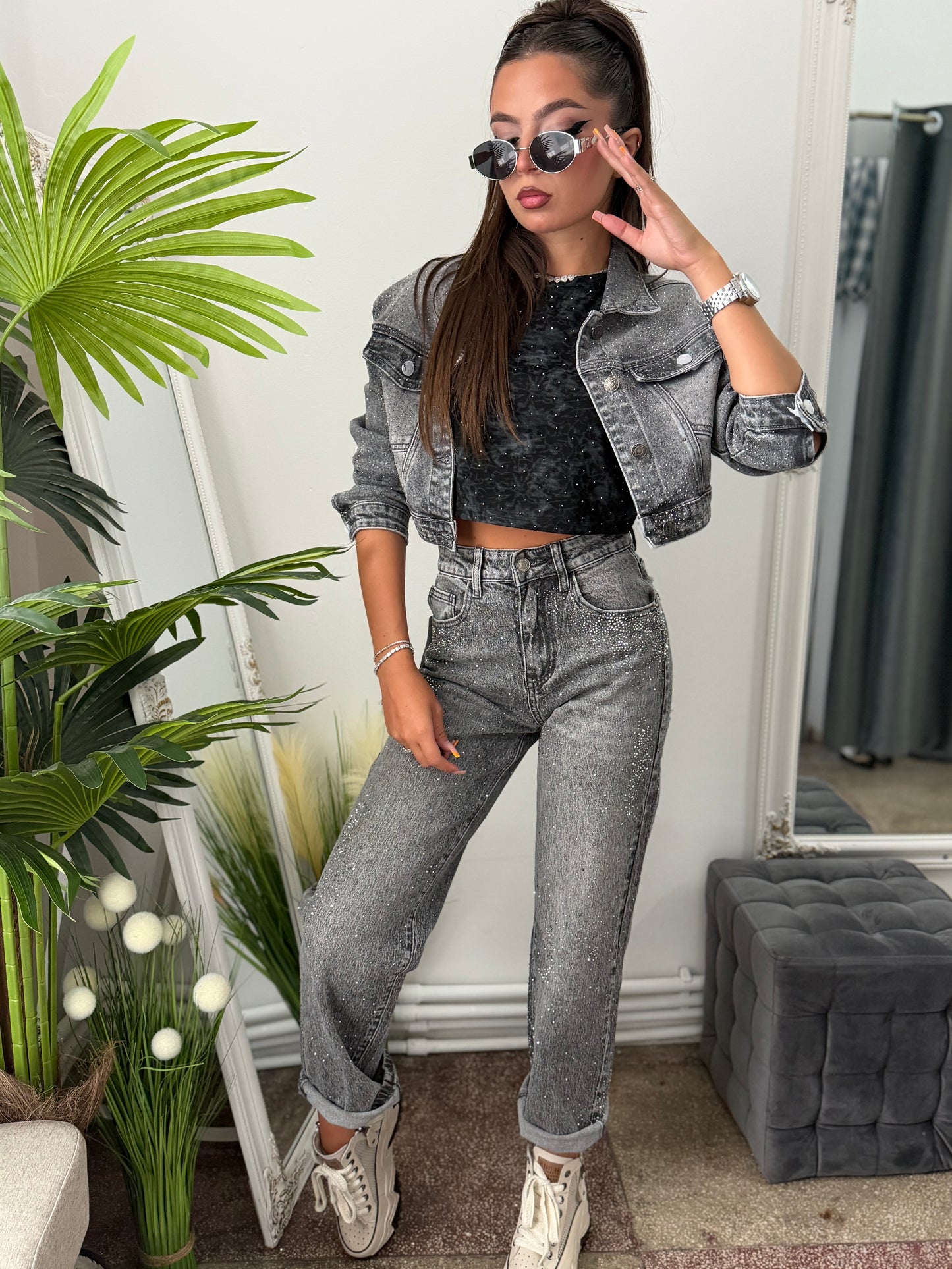 Jeans WideLeg gri cu cristale ștanțate CAMY