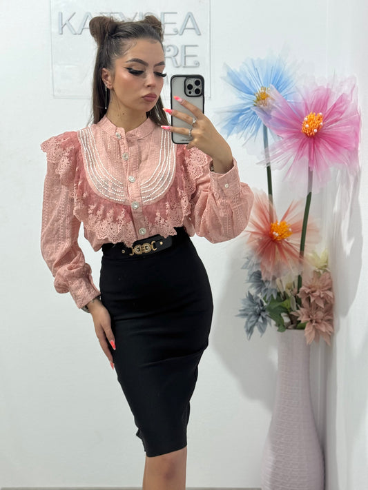 Cămașă cu dantelă și perle roz Elena