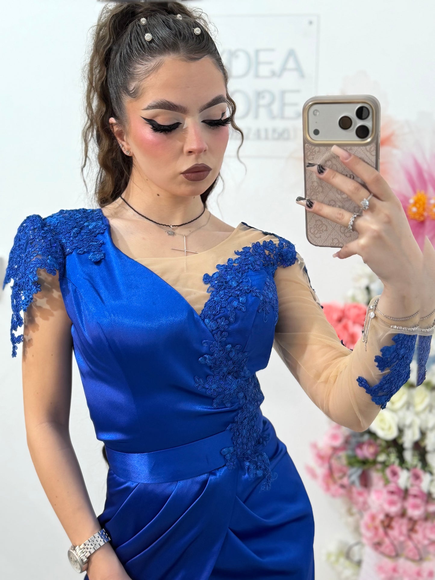Rochie lunga din tafta albastru safir Anasofia