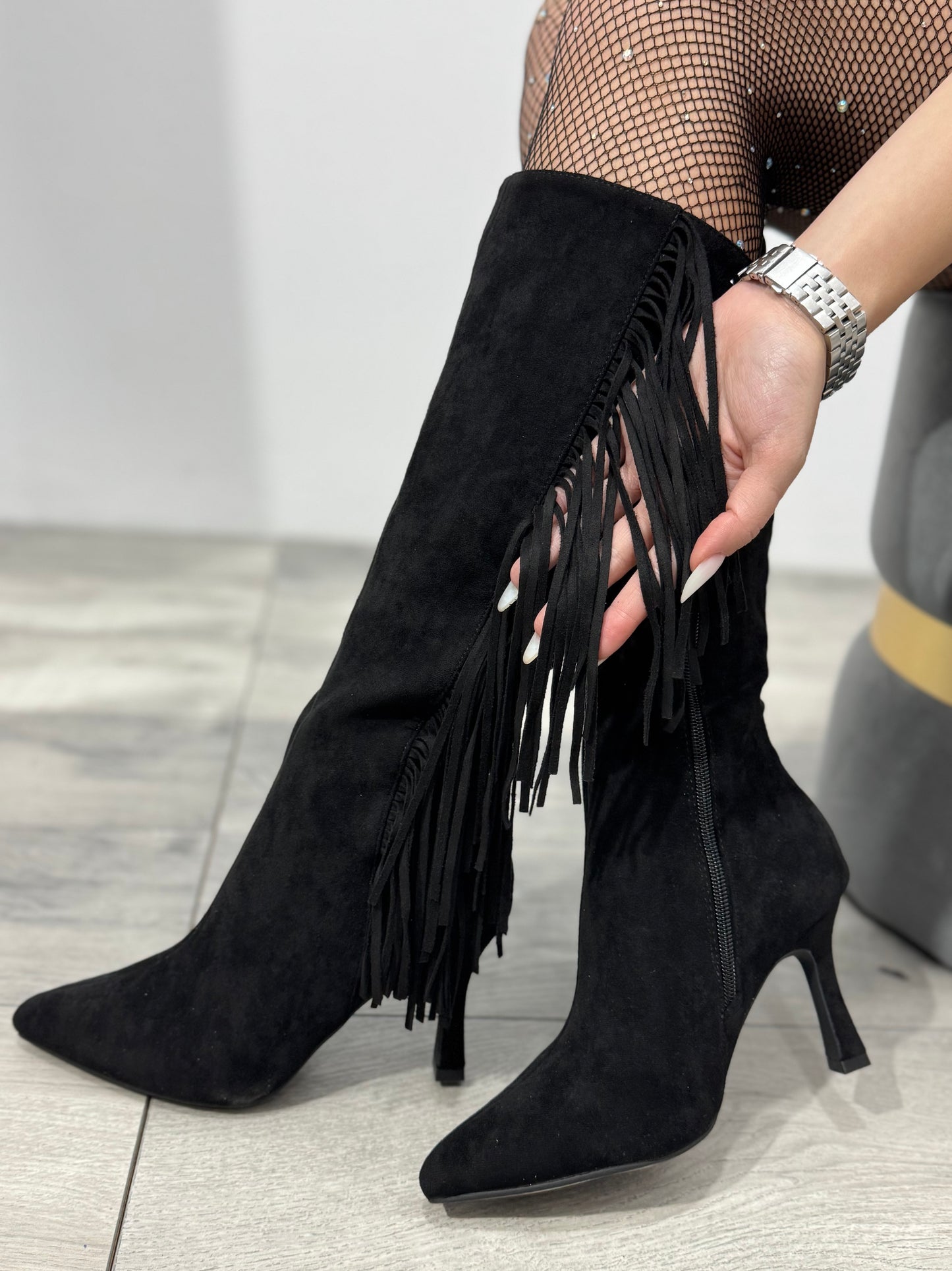 Cizme cu franjuri și toc subtire ANNA