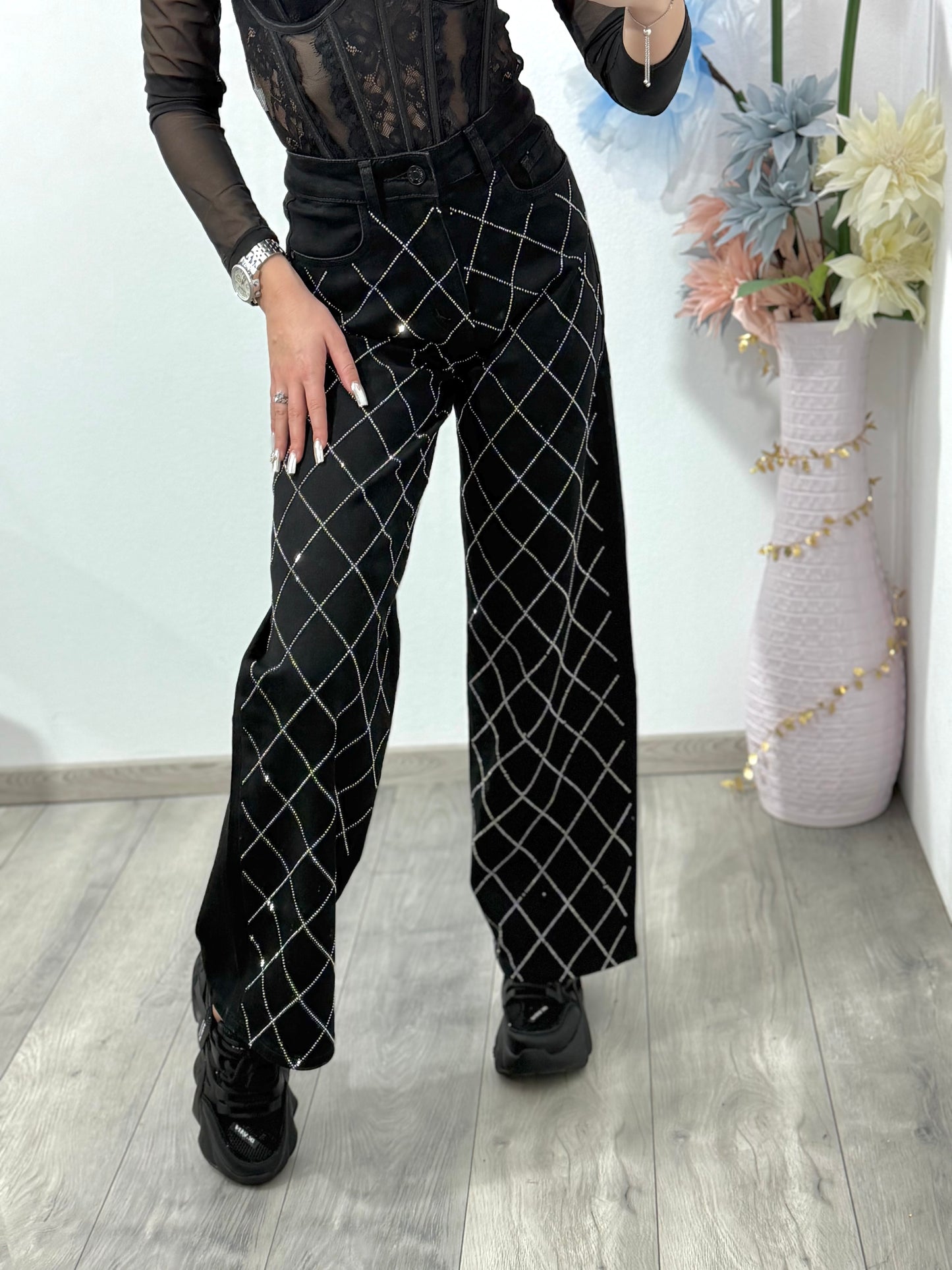 Jeans WideLeg cu cristale ștanțate negri ANAIS