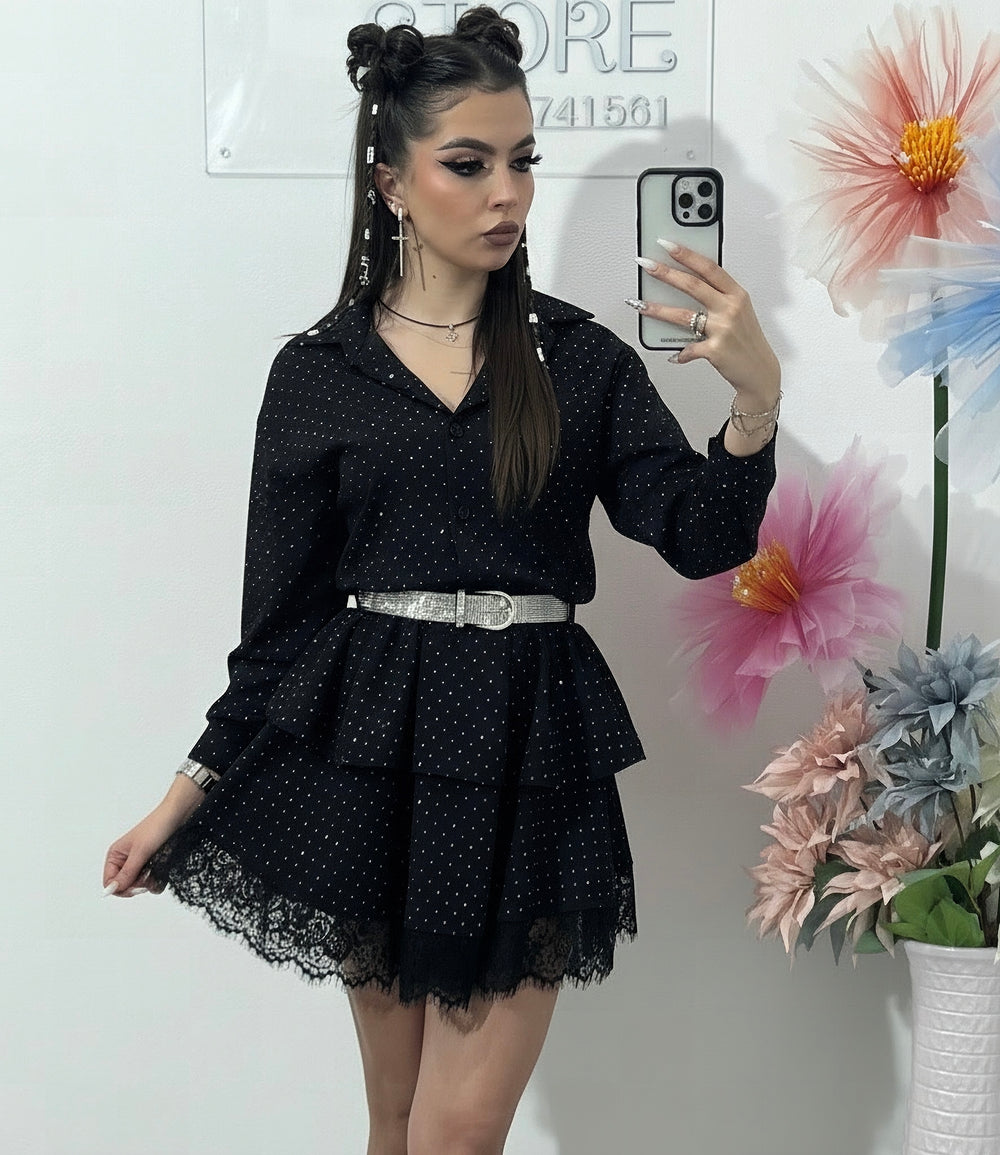 Rochie neagră cu cristale ștanțate ALINA