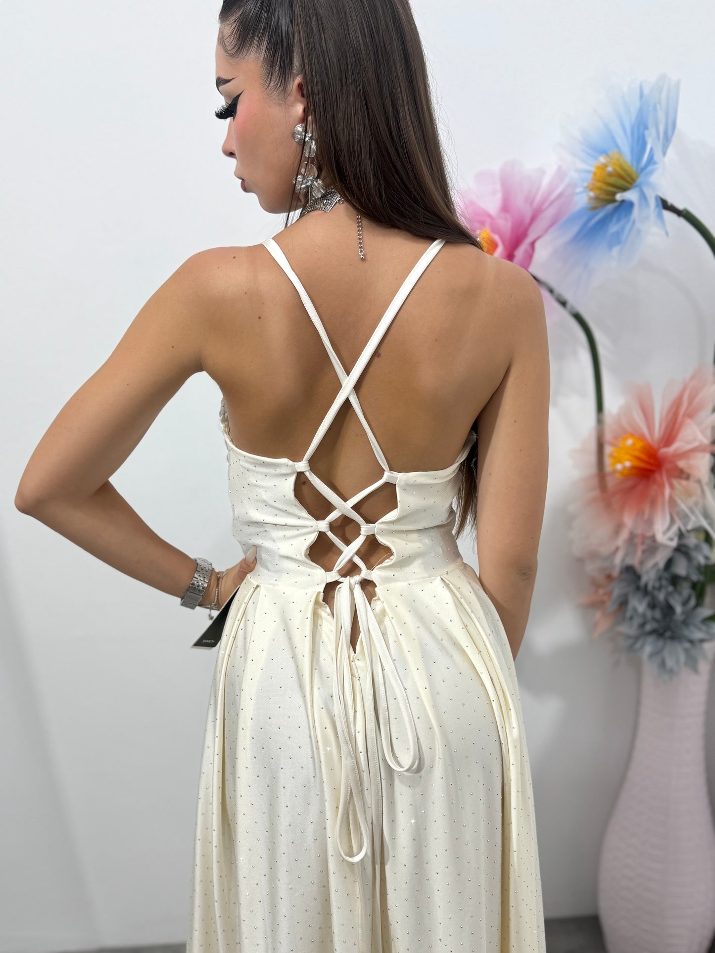Rochie cu cristale ștanțate și corset Monica crem