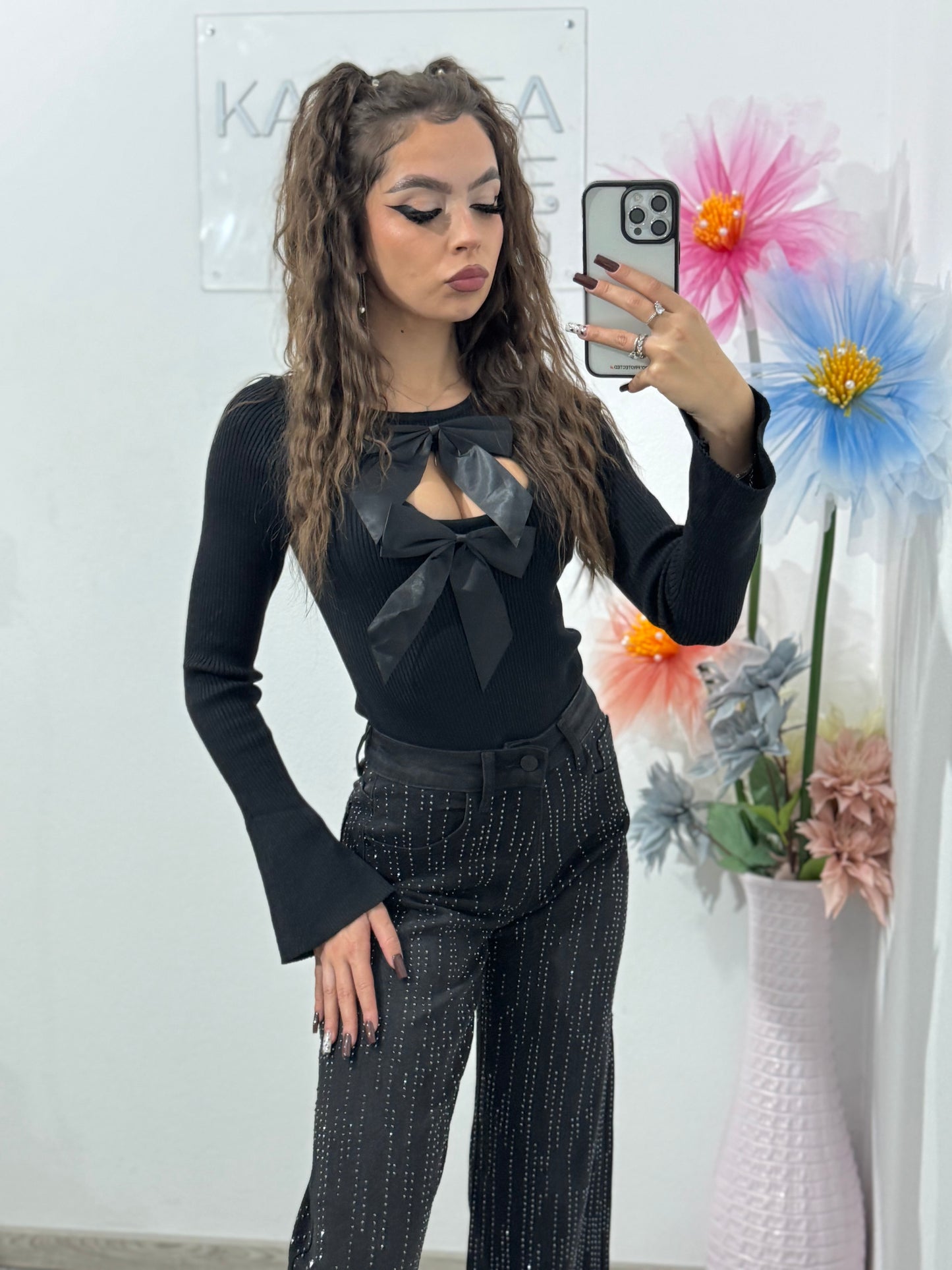 Jeans WideLeg negri cu cristale ștanțate Sorina