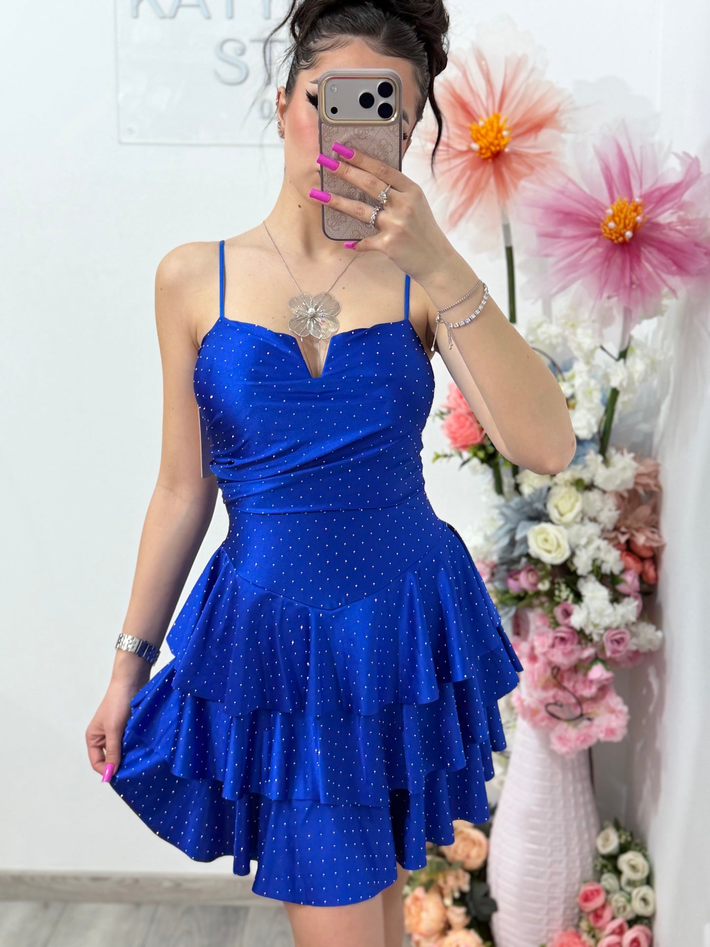 Rochie scurta albastru electric cu cristale ștanțate ZONIA