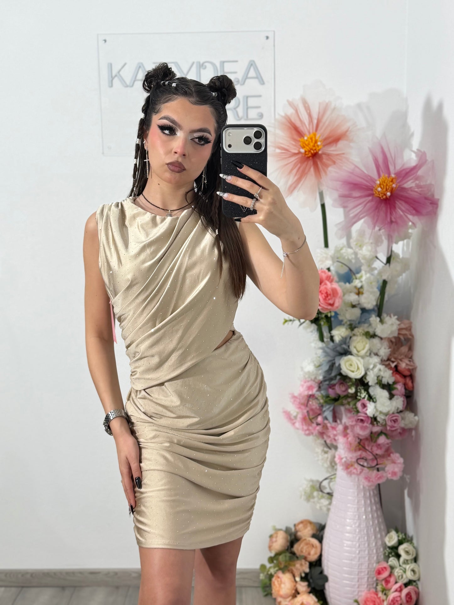 Rochie elegantă cu cristale ștanțate bej SELENA
