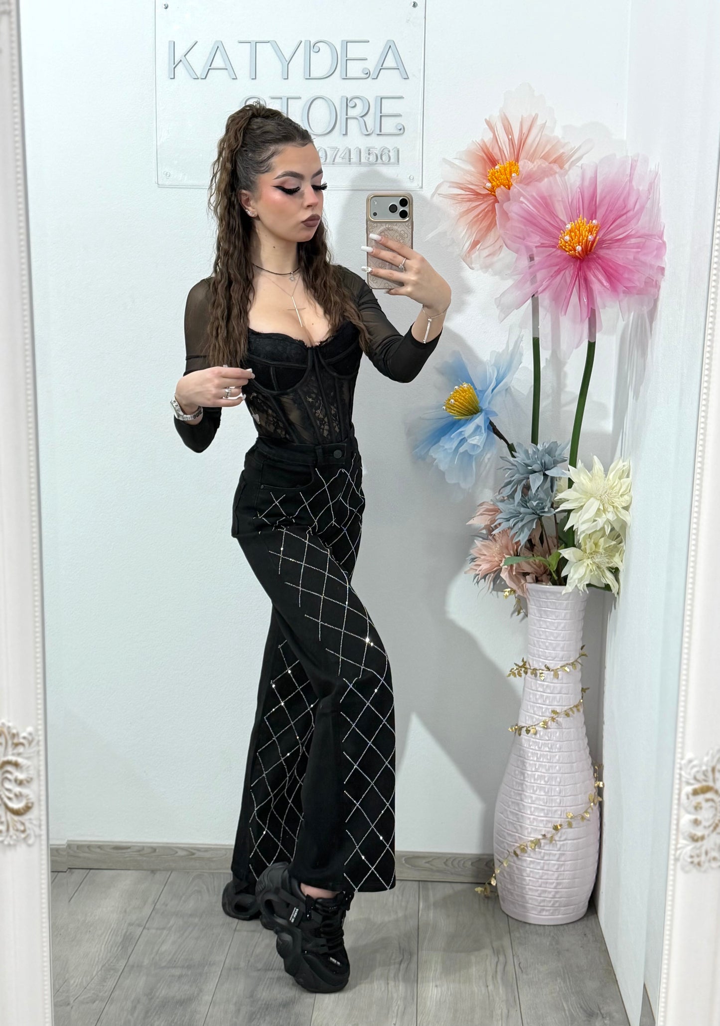 Jeans WideLeg cu cristale ștanțate negri ANAIS