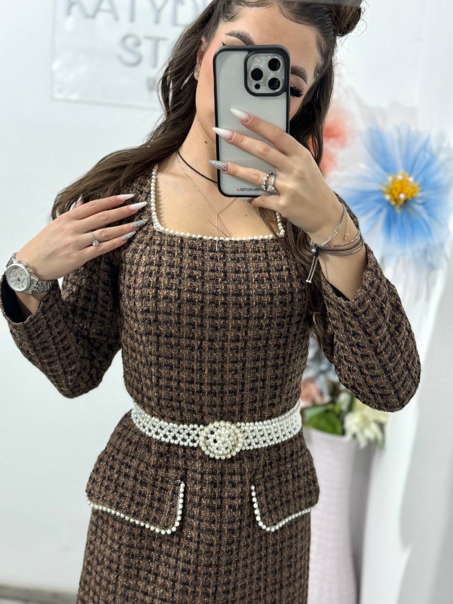 Rochie din tweed maro ELLA