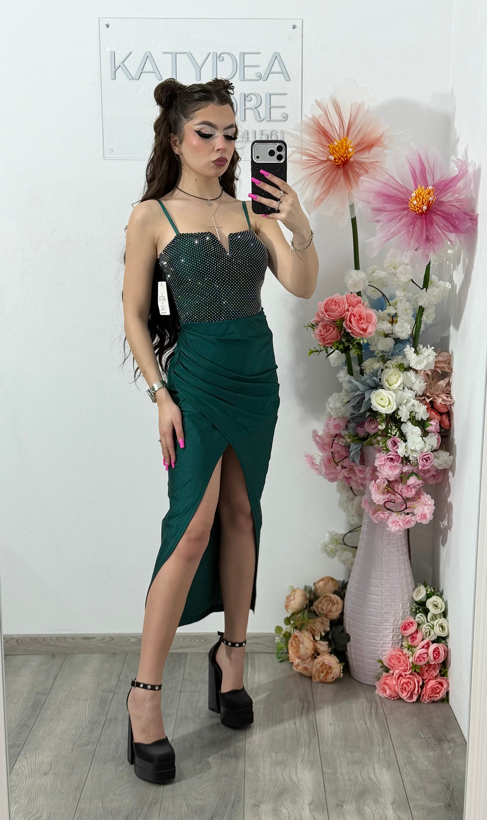 Rochie midi cu cristale verde smarald DELIA