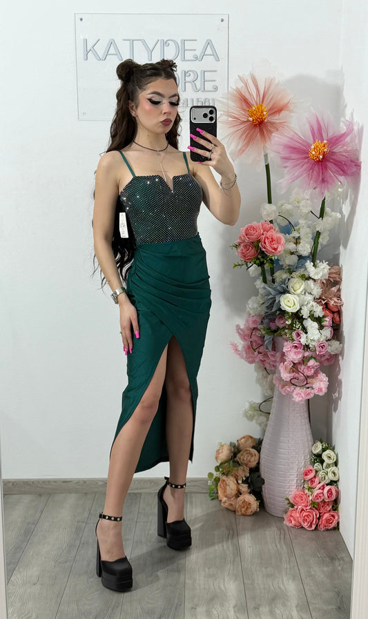 Rochie midi cu cristale verde smarald DELIA