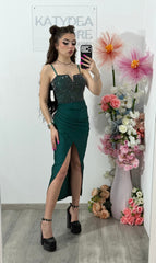 Rochie midi cu cristale verde smarald DELIA